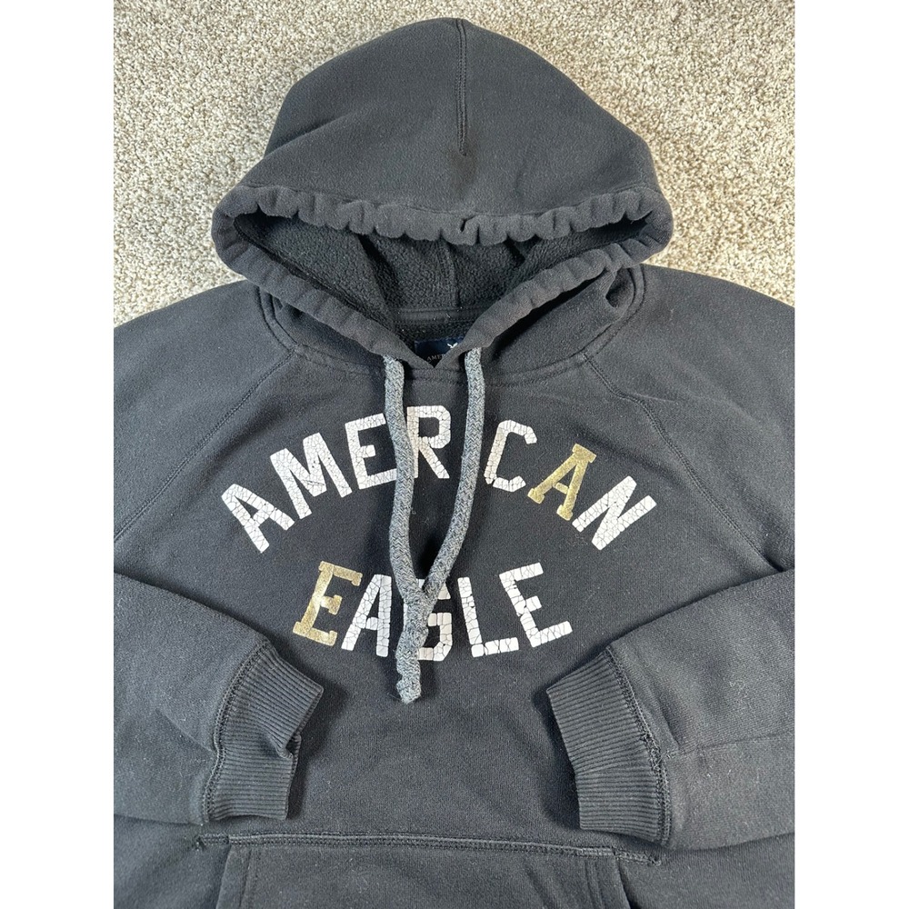 American Eagle Outfitters Mens Medium Black Logo Pullover Hoodie Sweatshirt